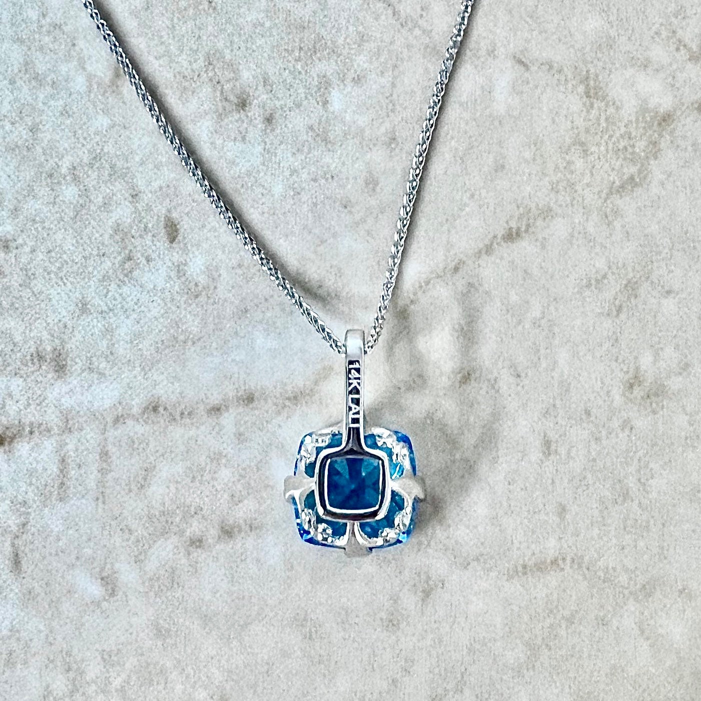 14 Karat White Gold Cushion Swiss Blue Topaz & Diamond Pendant Necklace - WeilJewelry