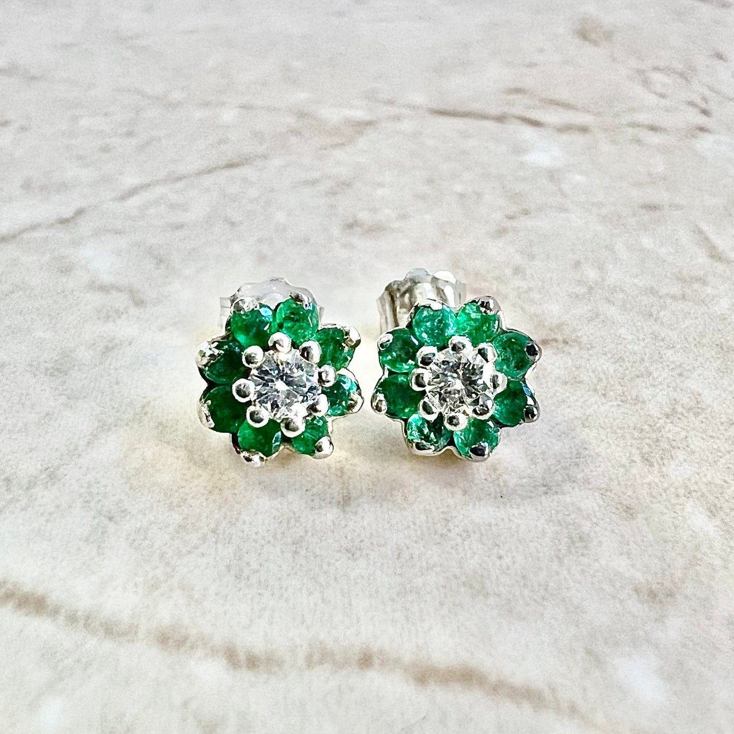 14K Round Diamond & Emerald Halo Stud Earrings - 14K White Gold Emerald Studs - Emerald Halo Earring - Diamond Studs - Diamond Earrings