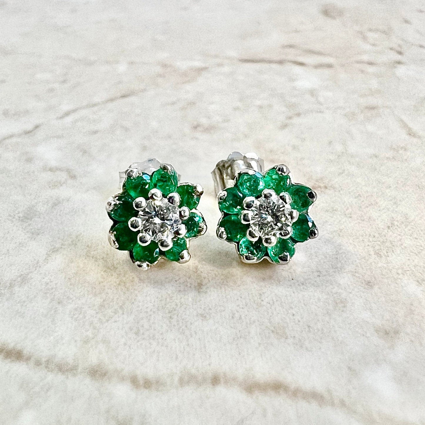 14K Round Diamond & Emerald Halo Stud Earrings - 14K White Gold Emerald Studs - Emerald Halo Earring - Diamond Studs - Diamond Earrings