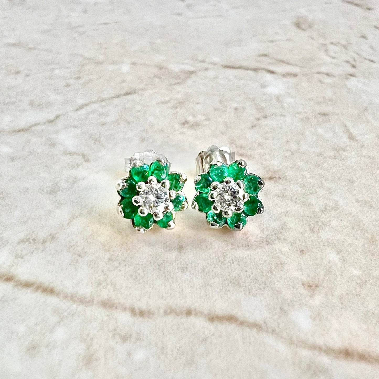 14K Round Diamond & Emerald Halo Stud Earrings - 14K White Gold Emerald Studs - Emerald Halo Earring - Diamond Studs - Diamond Earrings