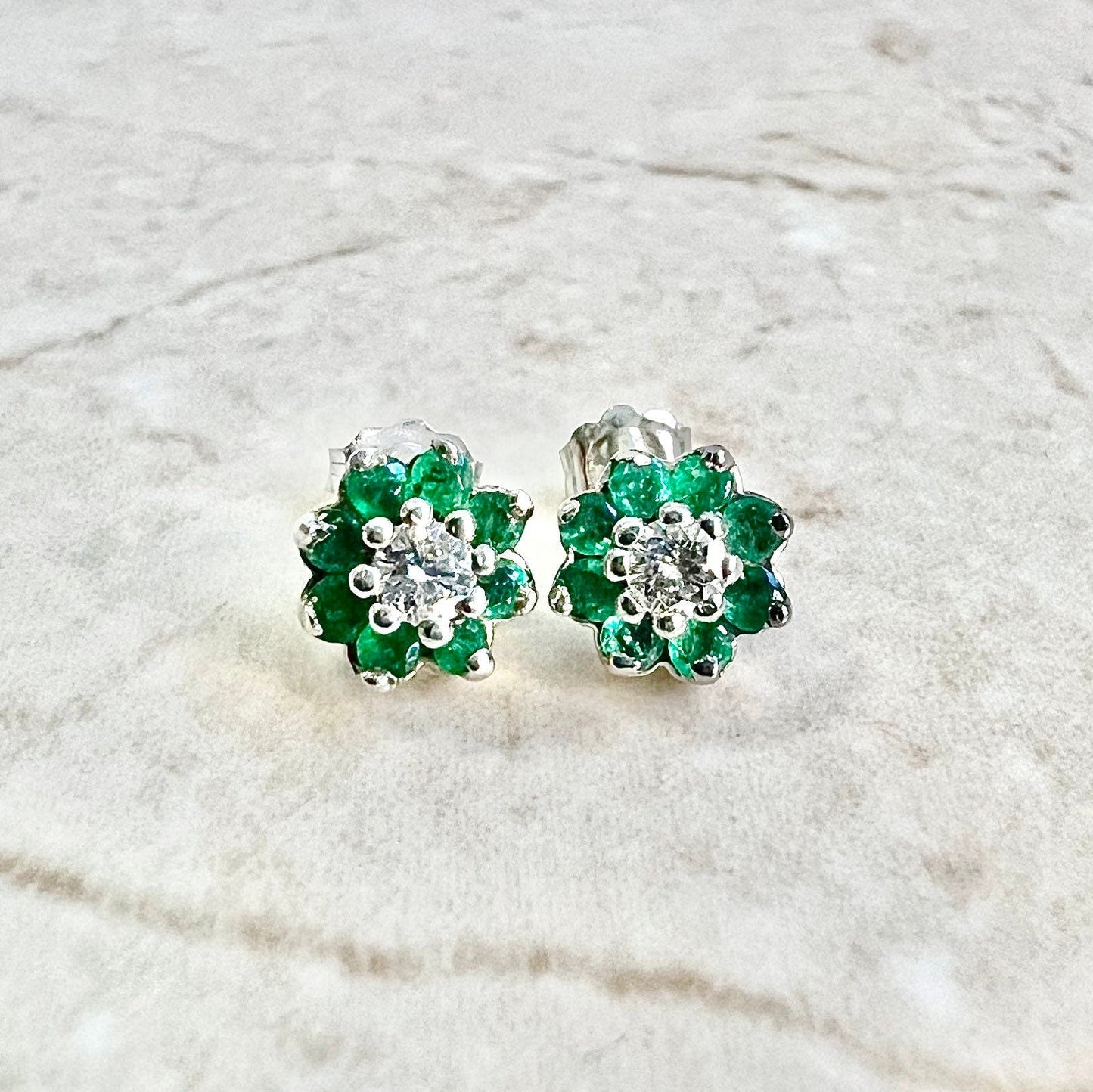 14K Round Diamond & Emerald Halo Stud Earrings - 14K White Gold Emerald Studs - Emerald Halo Earring - Diamond Studs - Diamond Earrings