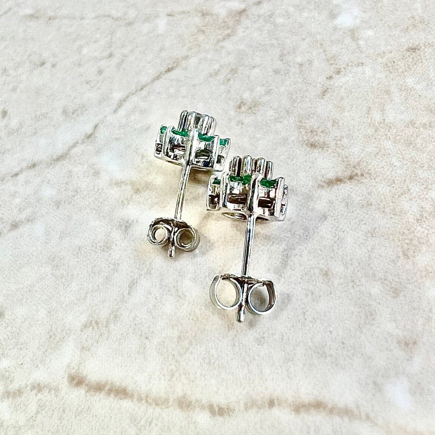 14K Round Diamond & Emerald Halo Stud Earrings - 14K White Gold Emerald Studs - Emerald Halo Earring - Diamond Studs - Diamond Earrings