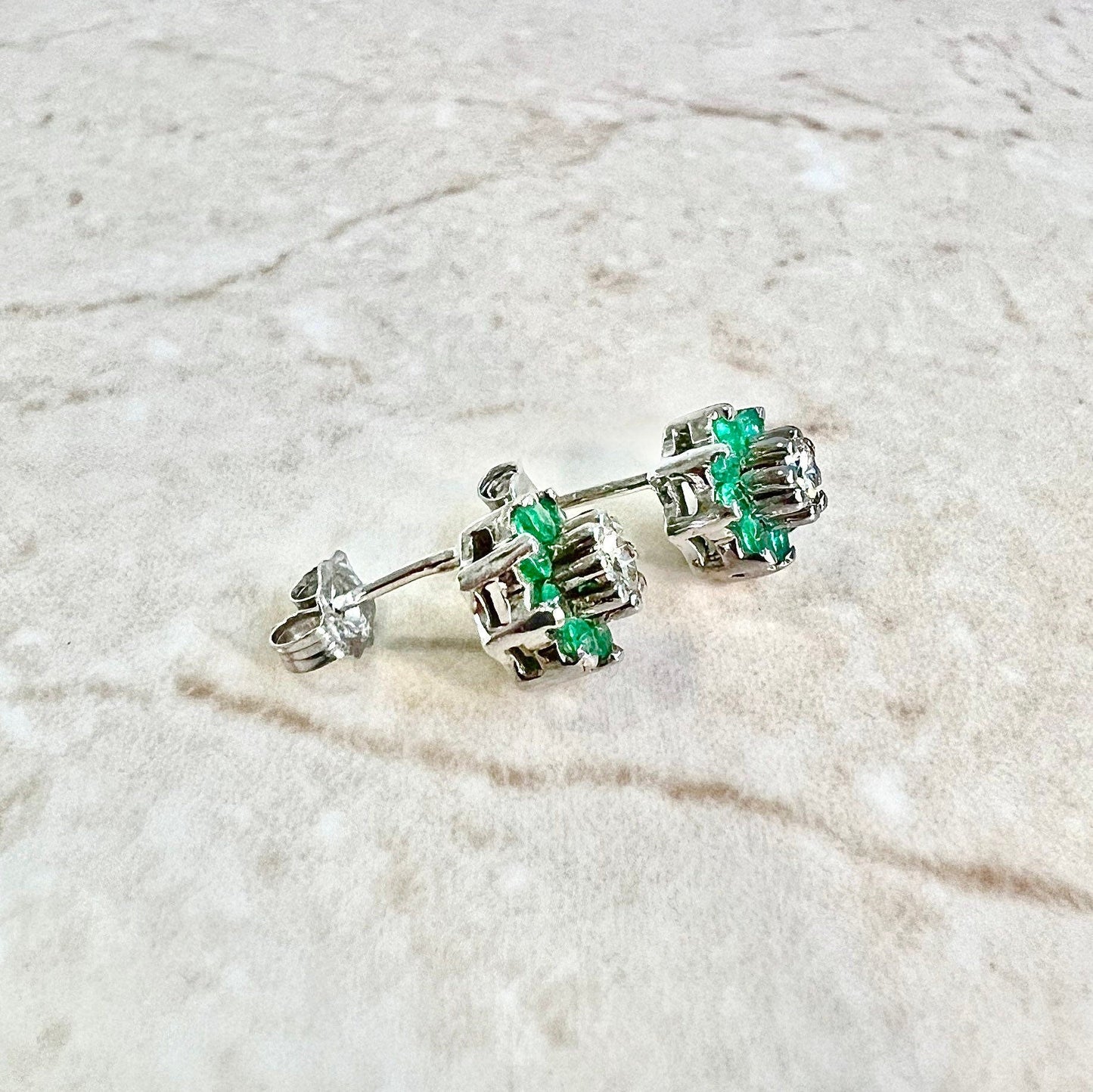 14K Round Diamond & Emerald Halo Stud Earrings - 14K White Gold Emerald Studs - Emerald Halo Earring - Diamond Studs - Diamond Earrings