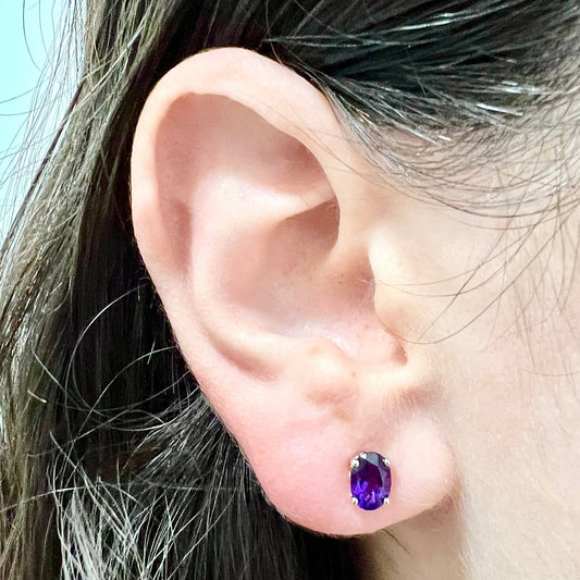 14 Karat White Gold February Birthstone Oval Amethyst Stud Earrings - WeilJewelry