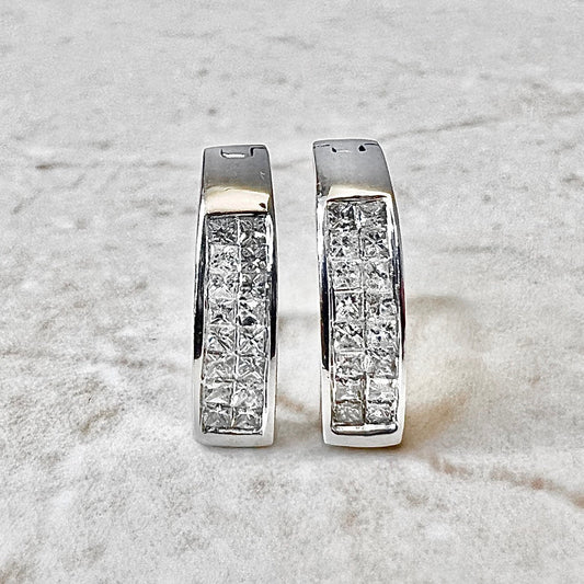 14 Karat White Gold Invisible Setting 0.60 Carat Princess Cut Diamond Huggie Hoop Earrings - WeilJewelry