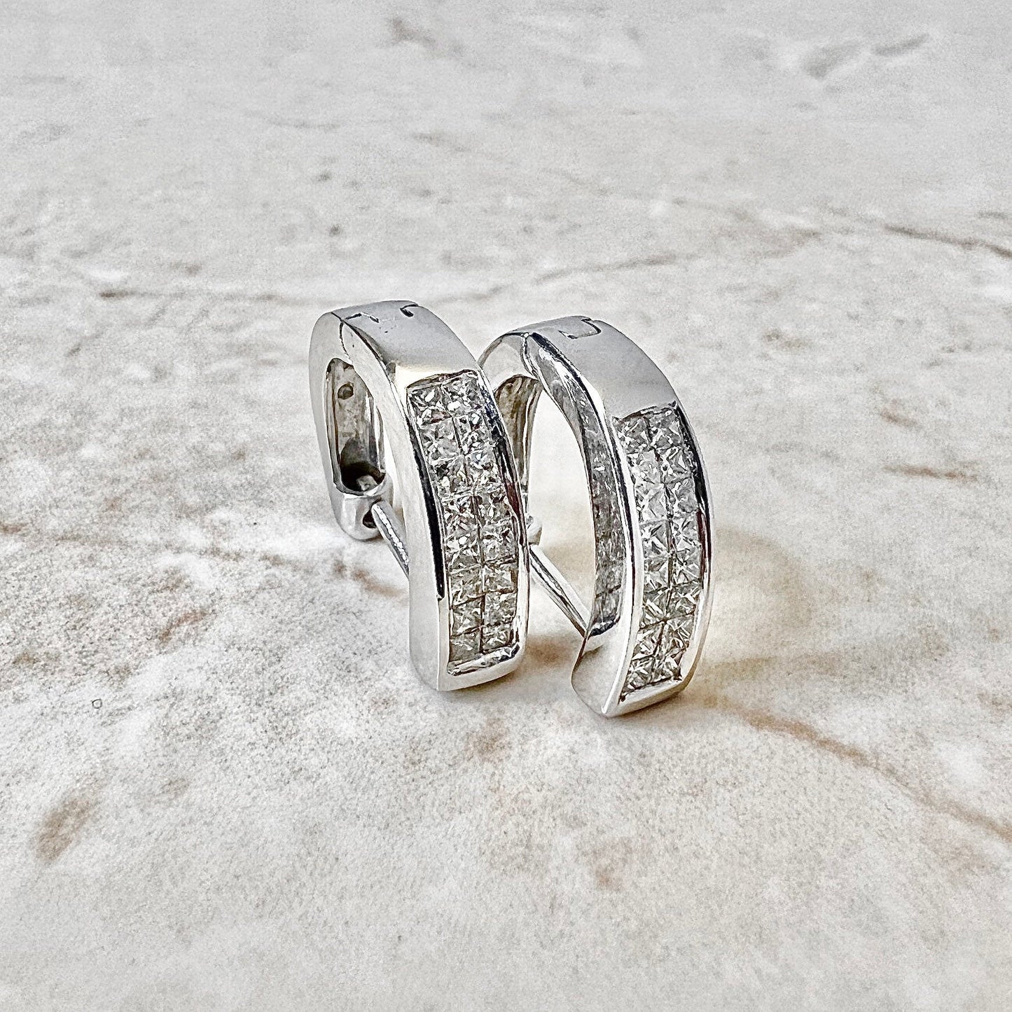 14 Karat White Gold Invisible Setting 0.60 Carat Princess Cut Diamond Huggie Hoop Earrings - WeilJewelry
