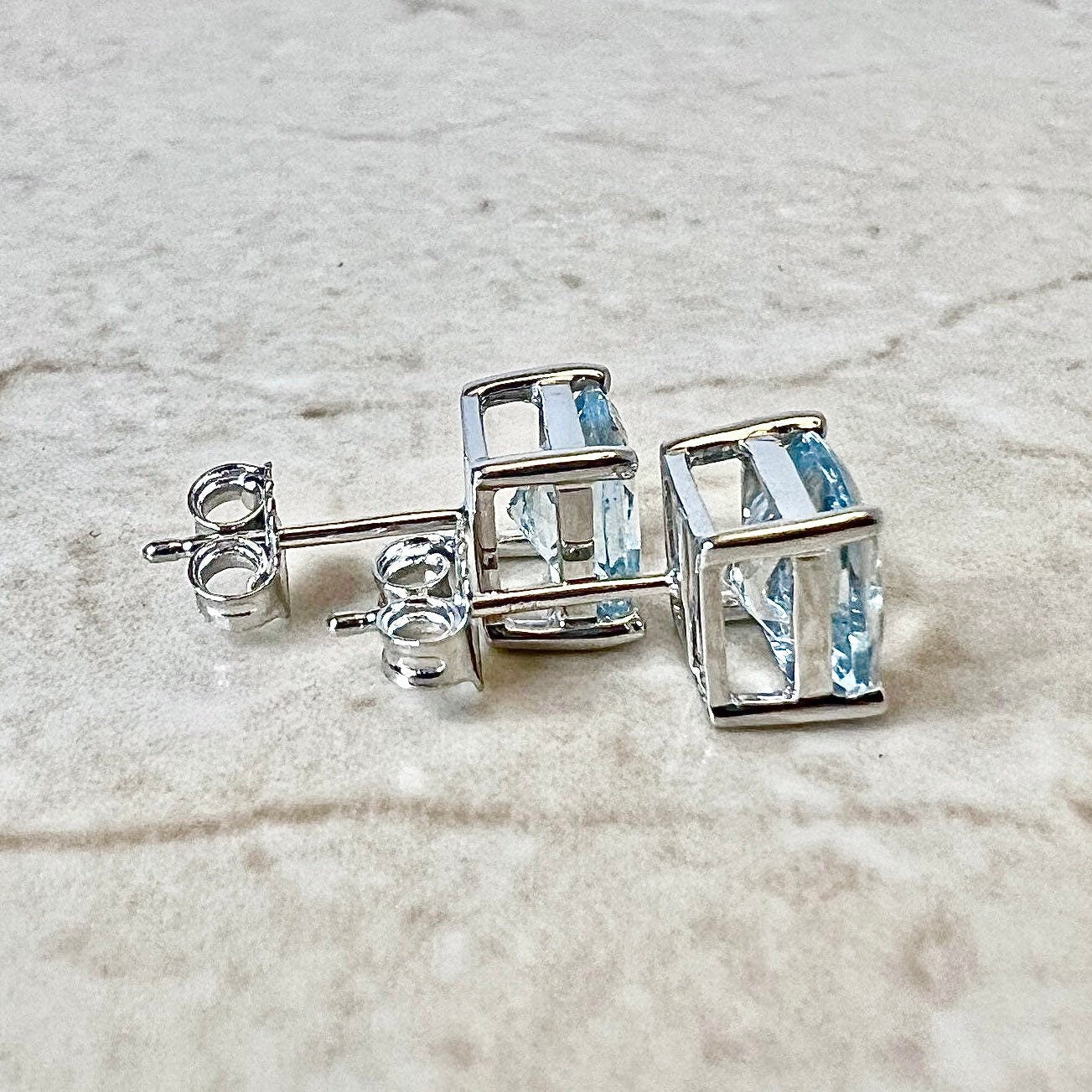 14K Cushion Aquamarine Stud Earrings - White Gold Aquamarine Earrings - March Birthstone - Genuine Gemstone - Birthday Gift For Her