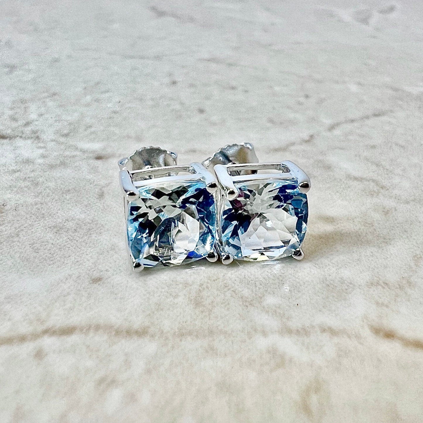 14K Cushion Aquamarine Stud Earrings - White Gold Aquamarine Earrings - March Birthstone - Genuine Gemstone - Birthday Gift For Her