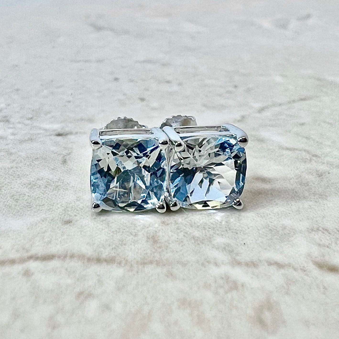 14K Cushion Aquamarine Stud Earrings - White Gold Aquamarine Earrings - March Birthstone - Genuine Gemstone - Birthday Gift For Her