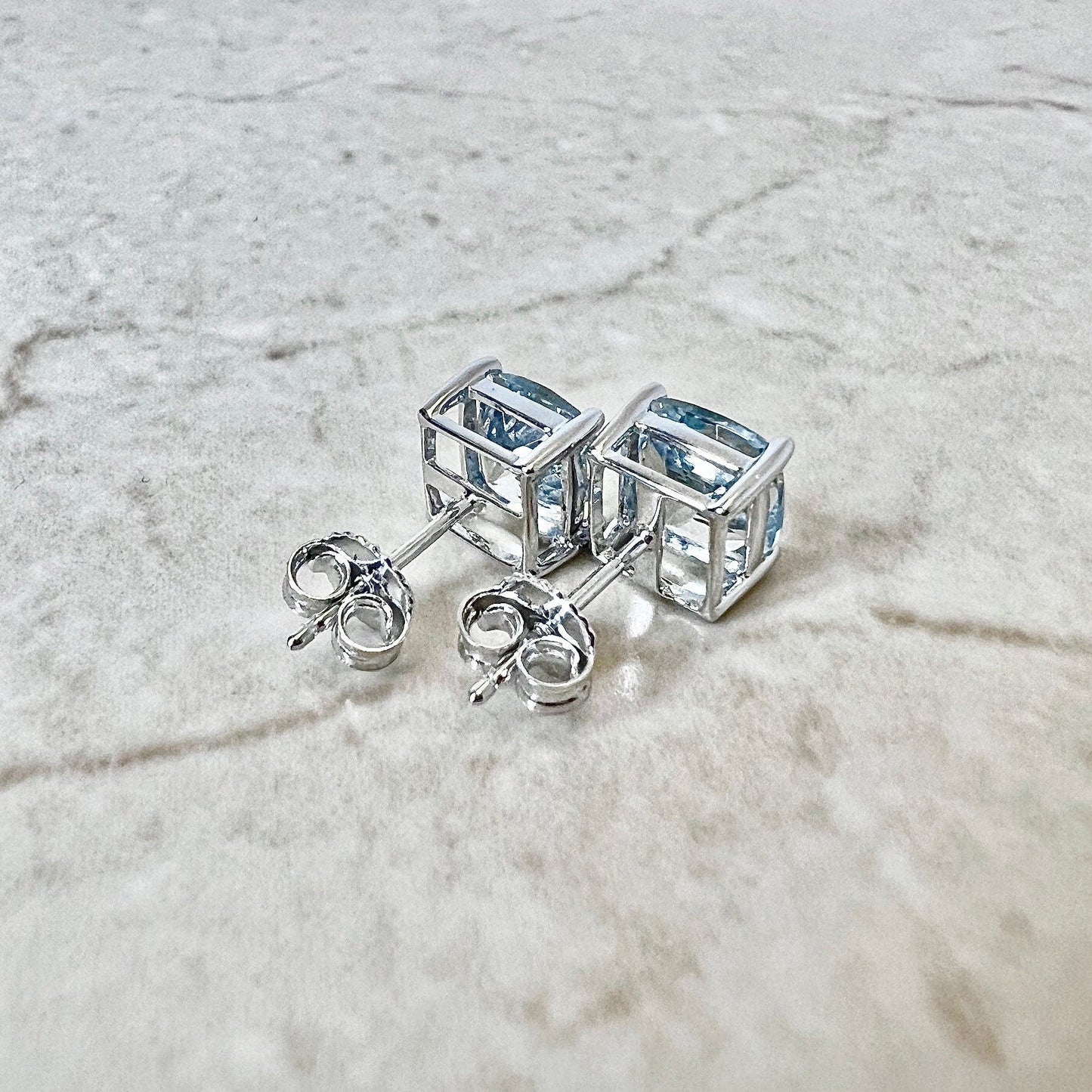 14 Karat White Gold March Birthstone Cushion Aquamarine Stud Earrings - WeilJewelry