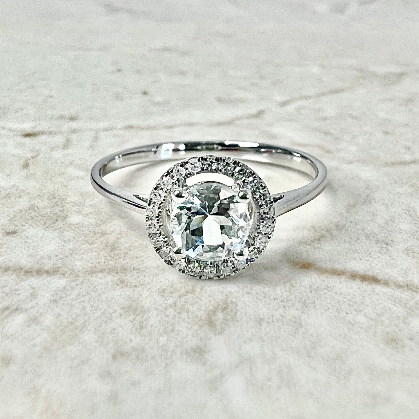 14 Karat White Gold March Birthstone Round Aquamarine & Diamond Halo Ring - WeilJewelry