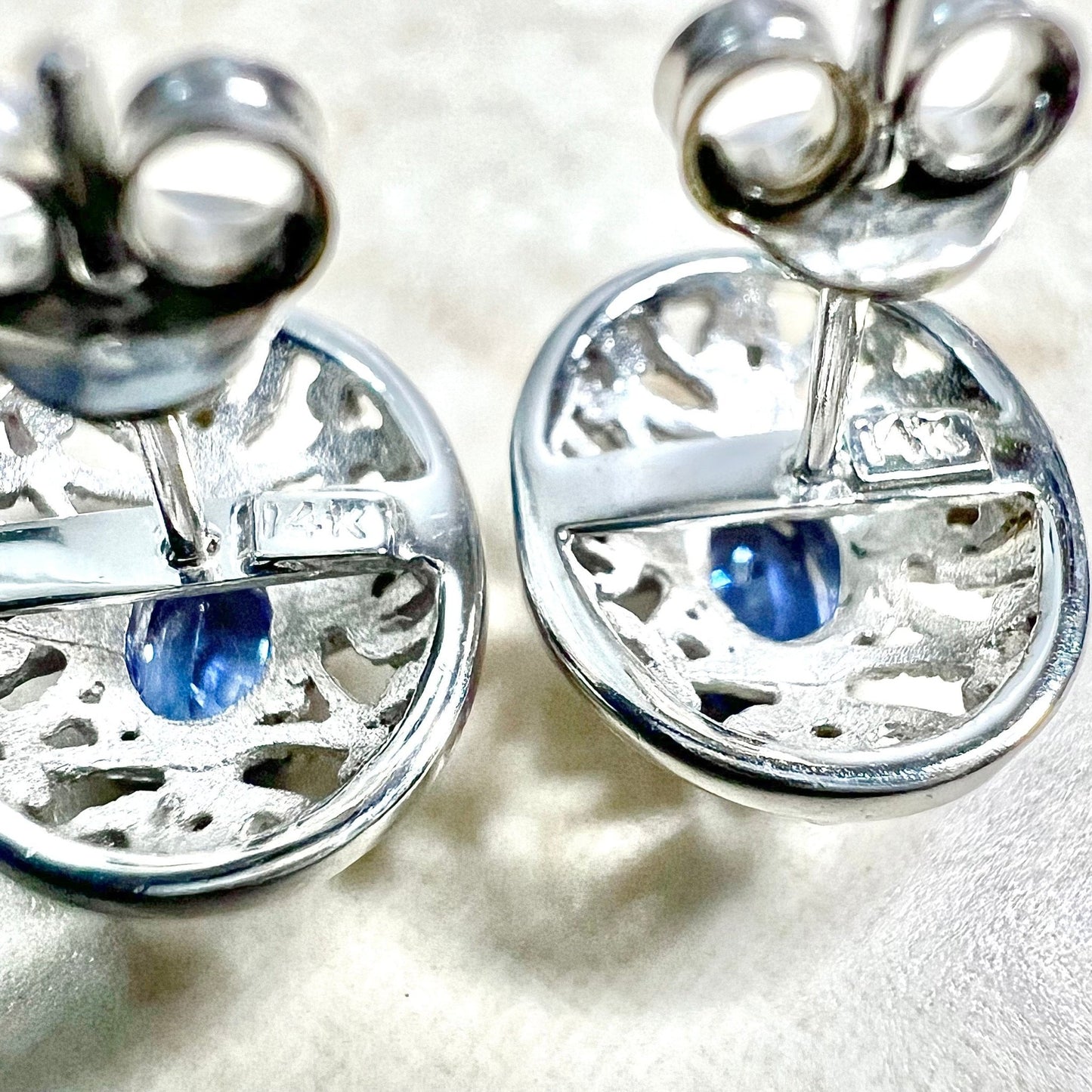 14 Karat White Gold Oval Natural Sapphire Filigree Stud Earrings - WeilJewelry