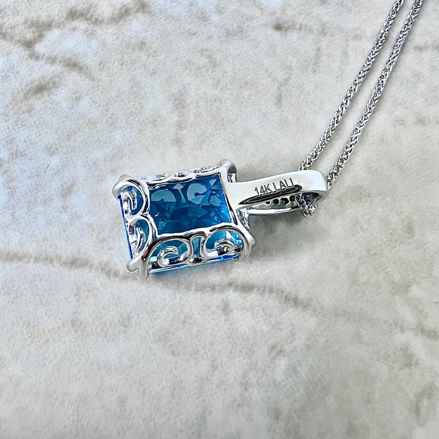 14 Karat White Gold Radiant Cut Swiss Blue Topaz & Diamond Ring And Pendant Necklace Set - WeilJewelry
