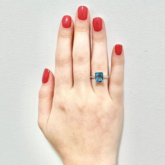 14 Karat White Gold Radiant Cut Swiss Blue Topaz & Diamond Solitaire Cocktail Ring - WeilJewelry