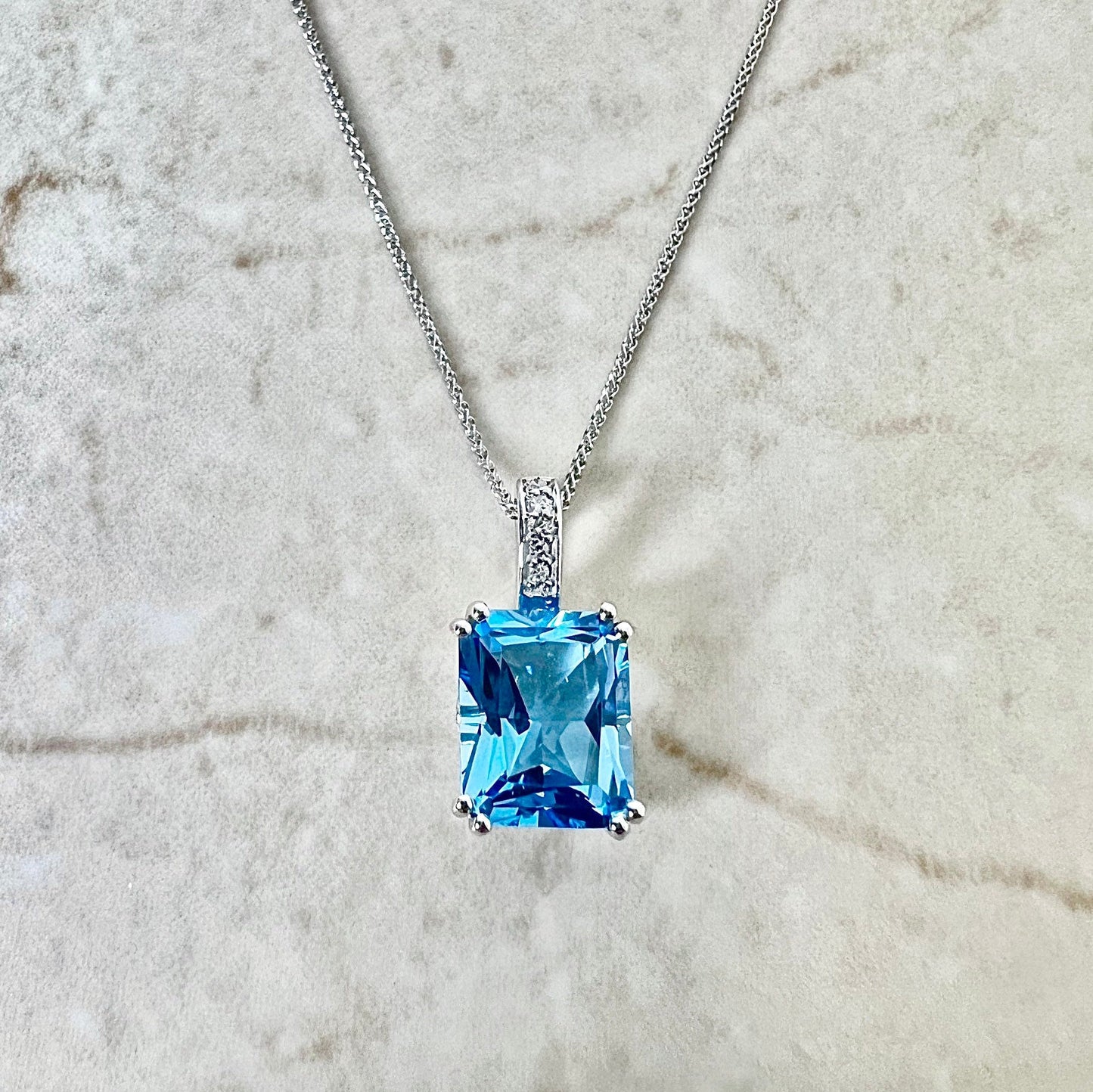 Large 14K Swiss Blue Topaz & Diamond Pendant Necklace - White Gold Topaz Pendant - Genuine November December Birthstone - Birthday Gift