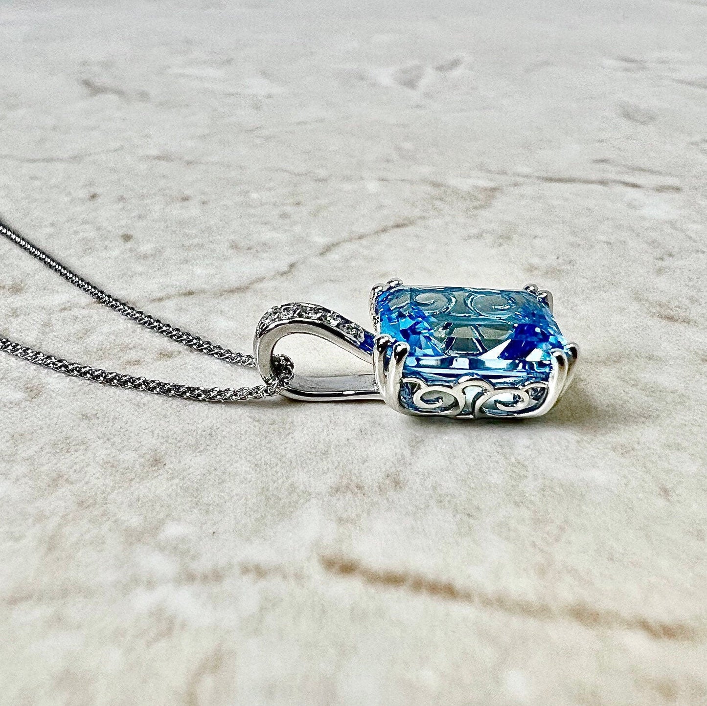 Large 14K Swiss Blue Topaz & Diamond Pendant Necklace - White Gold Topaz Pendant - Genuine November December Birthstone - Birthday Gift