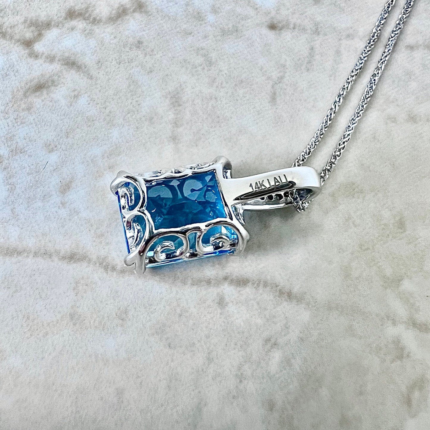 14 Karat White Gold Radiant Swiss Blue Topaz & Diamond Pendant Necklace - WeilJewelry