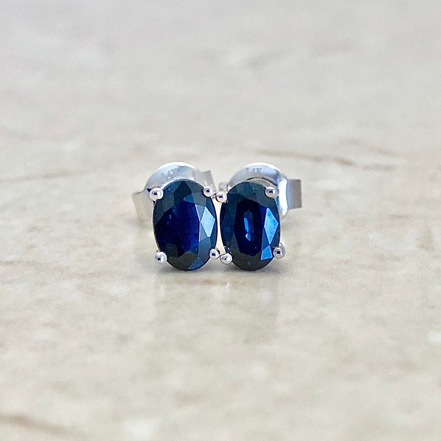 14 Karat White Gold September Birthstone Oval Blue Sapphire Stud Earrings - WeilJewelry
