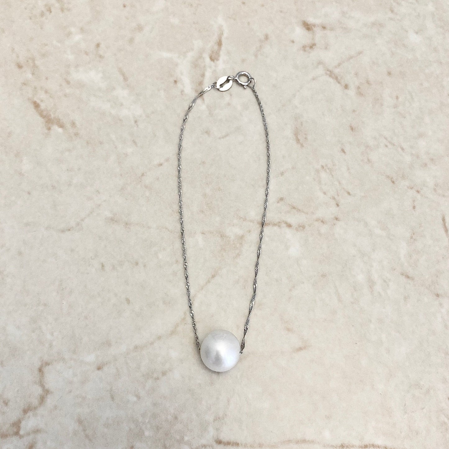14 Karat White Gold Single White Pearl Chain Bracelet - WeilJewelry