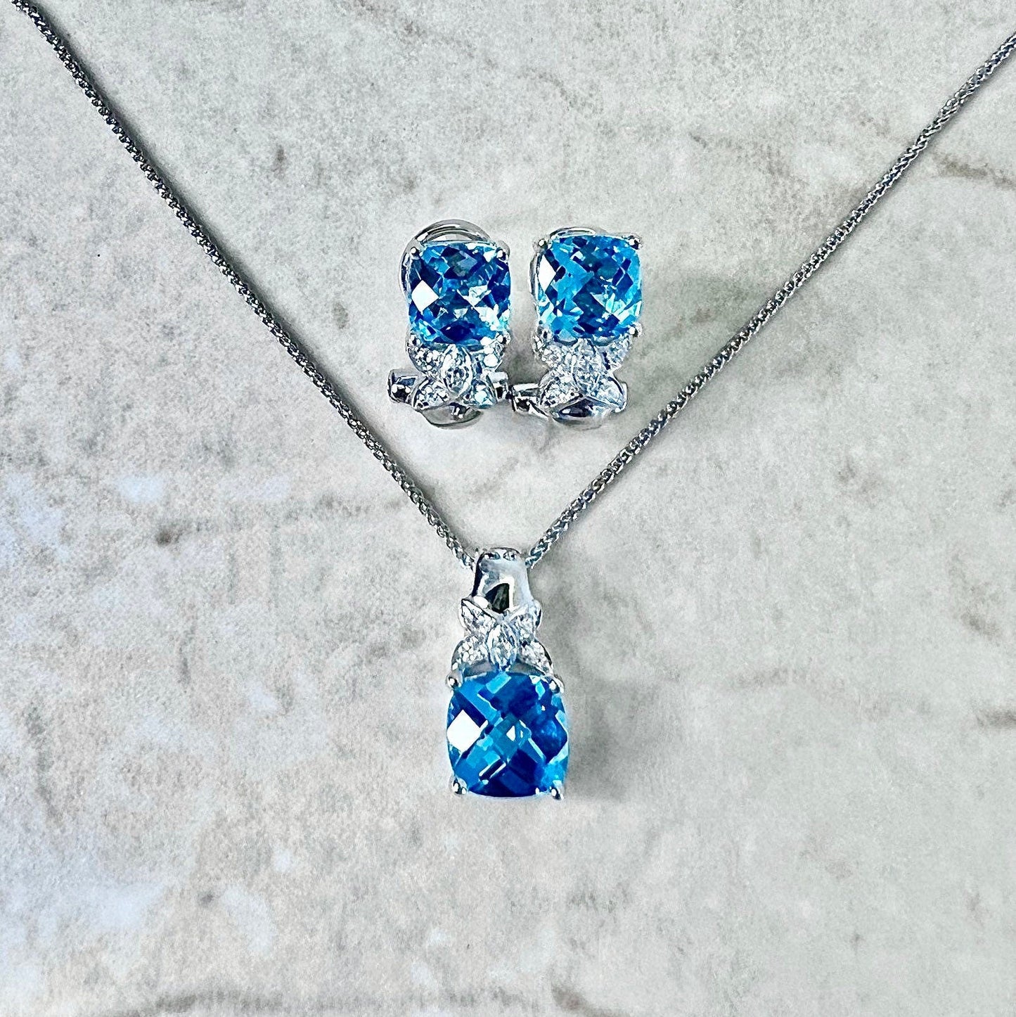 14 Karat White Gold Swiss Blue Topaz & Diamond Pendant Necklace And Earrings Set - WeilJewelry