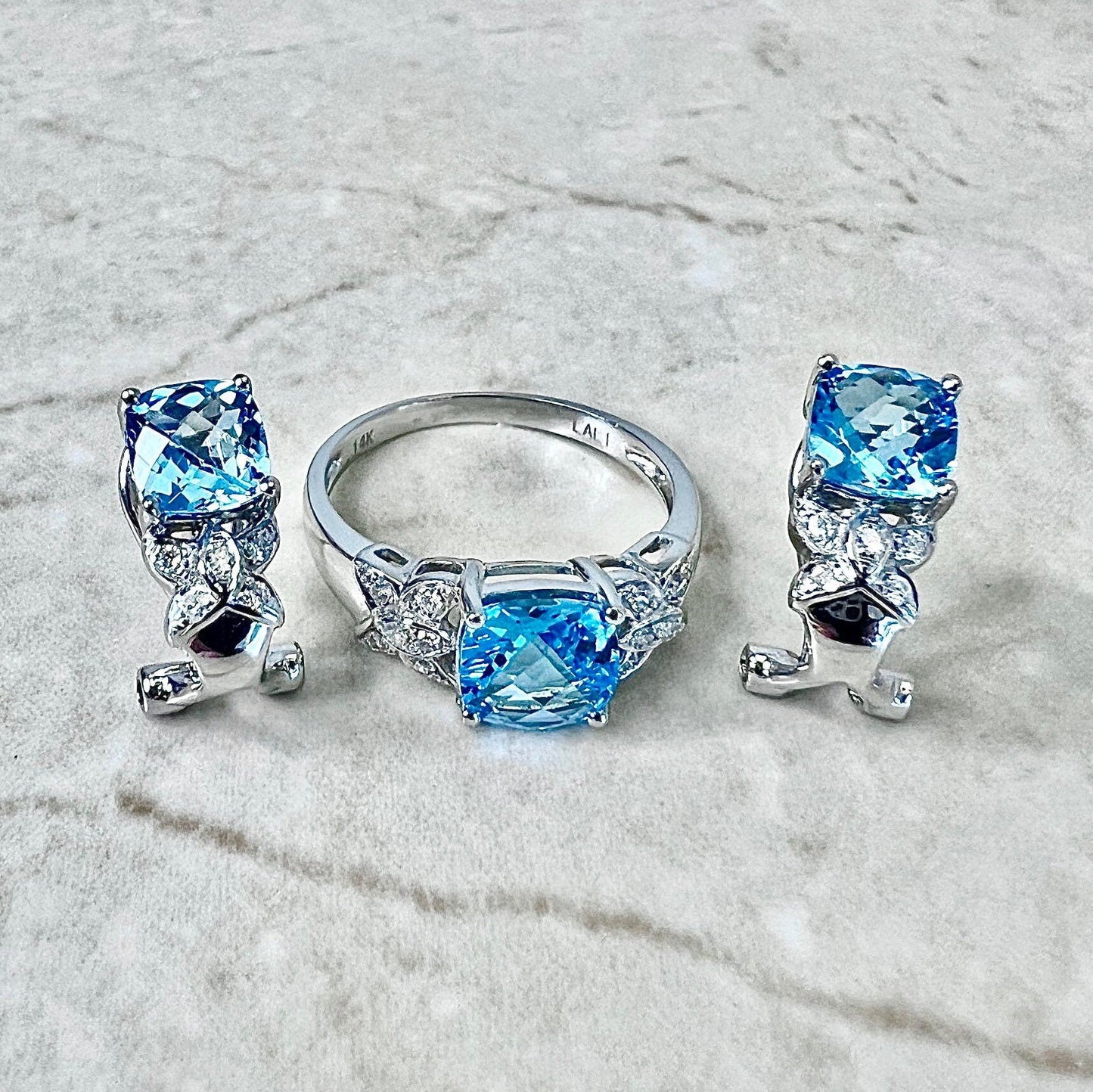 14 Karat White Gold Swiss Blue Topaz & Diamond Ring And Earrings Set - WeilJewelry