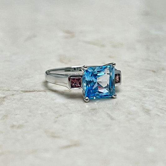 14 Karat White Gold Swiss Blue Topaz & Tourmaline Three - Stone Ring - WeilJewelry