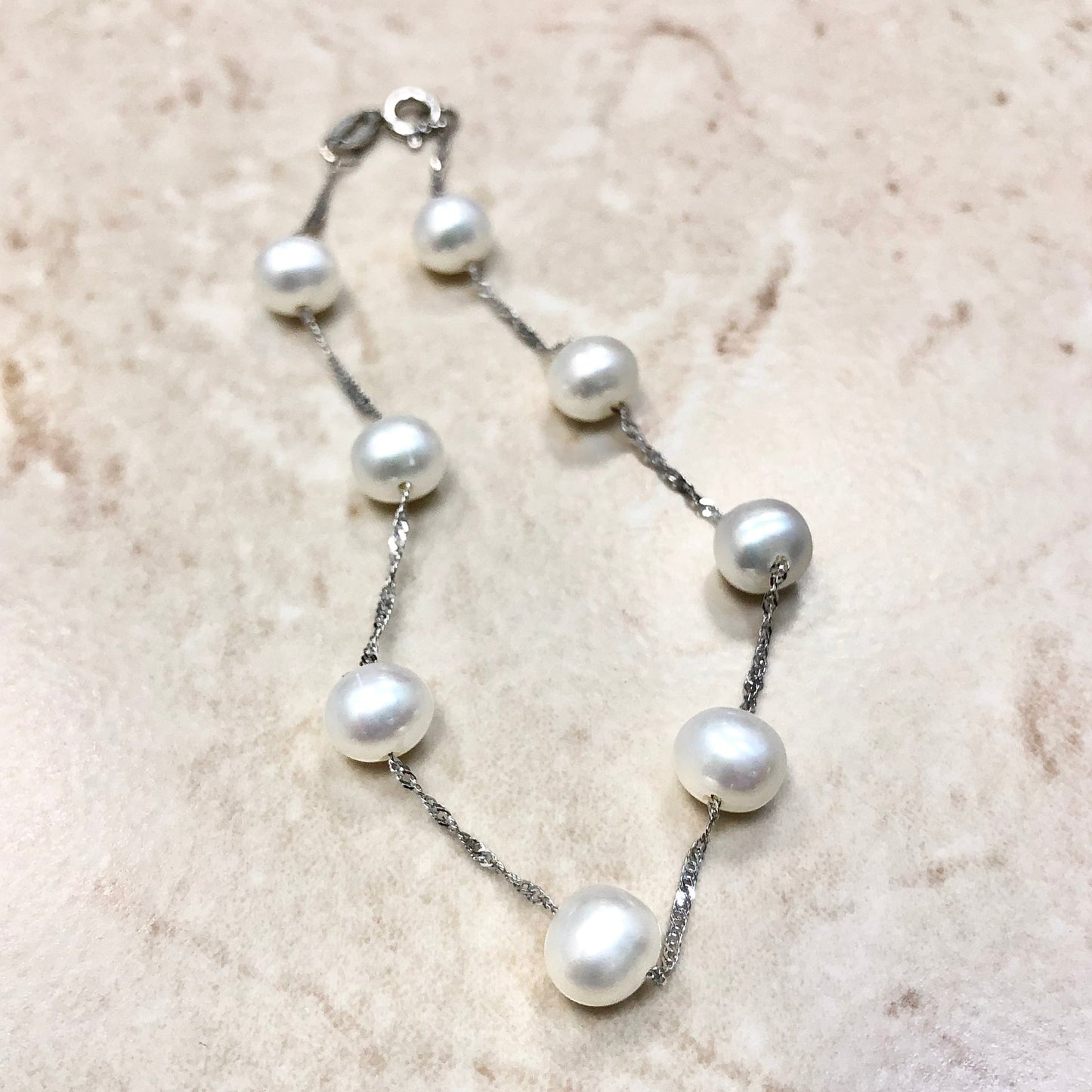14 Karat White Gold Tin Cup White Pearl Bracelet - WeilJewelry