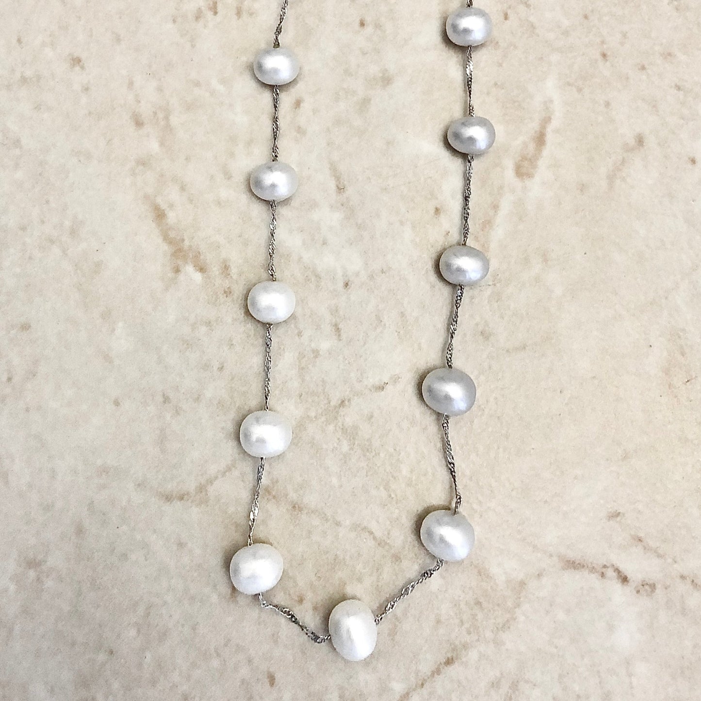 14 Karat White Gold Tin Cup White Pearl Necklace - WeilJewelry