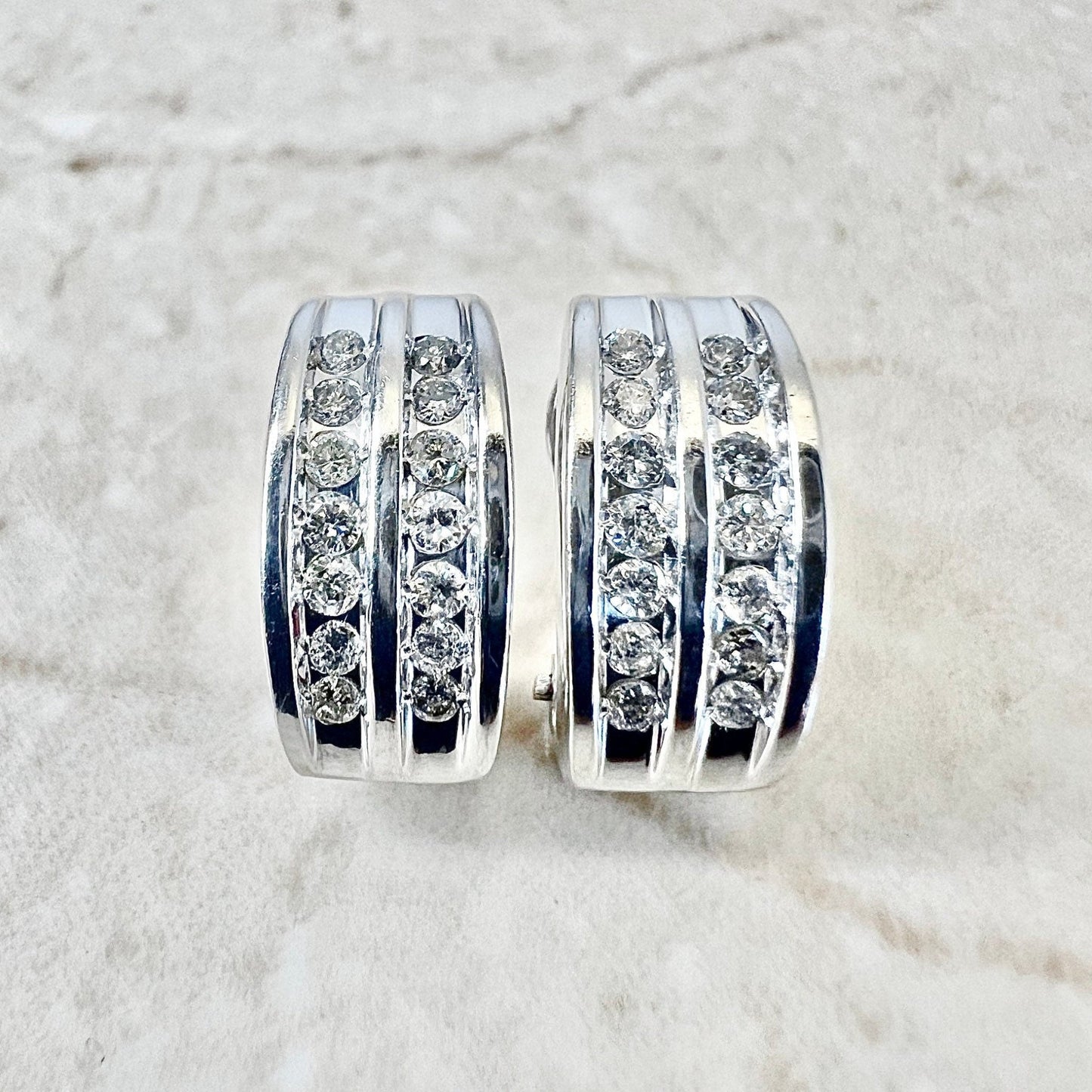 14K Diamond Huggie Earrings - 2 Row White Gold Diamond Earrings - Earclip Earrings - Birthday Gift - Best Gift For Her - Wedding Earrings