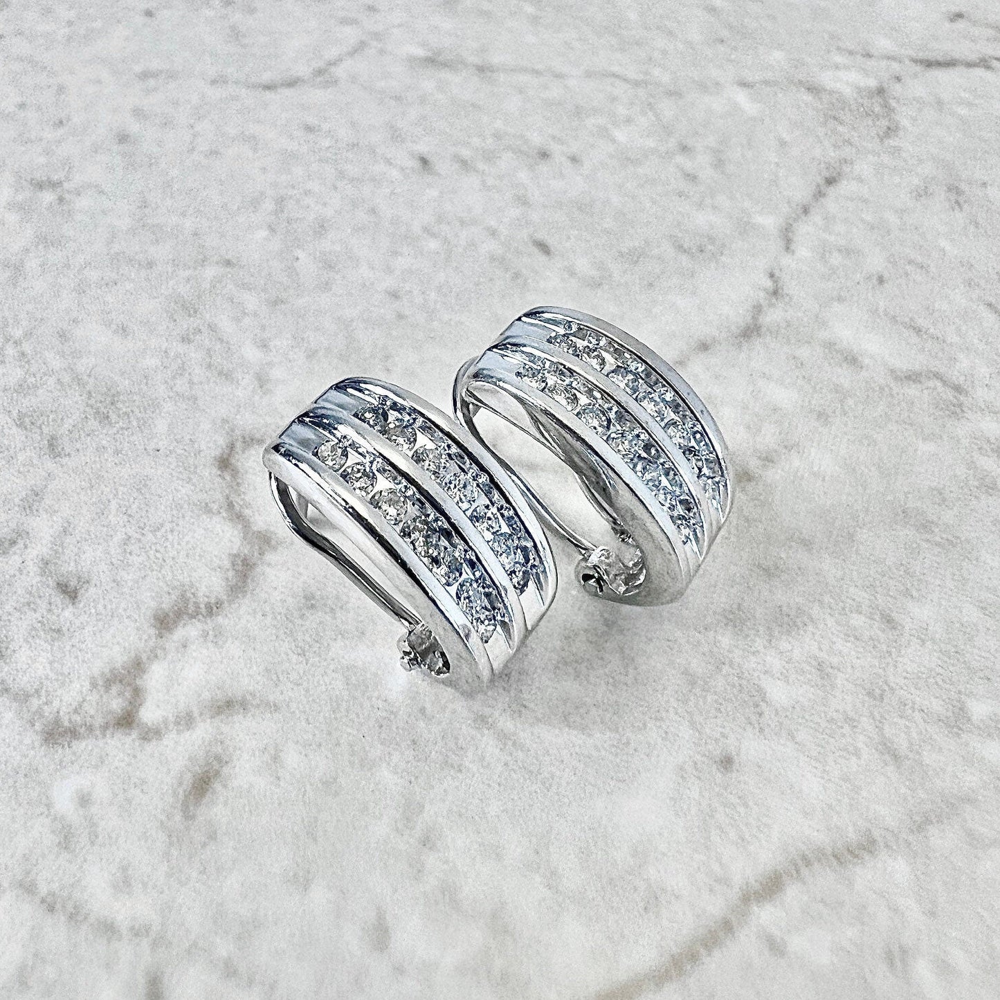 14K Diamond Huggie Earrings - 2 Row White Gold Diamond Earrings - Earclip Earrings - Birthday Gift - Best Gift For Her - Wedding Earrings