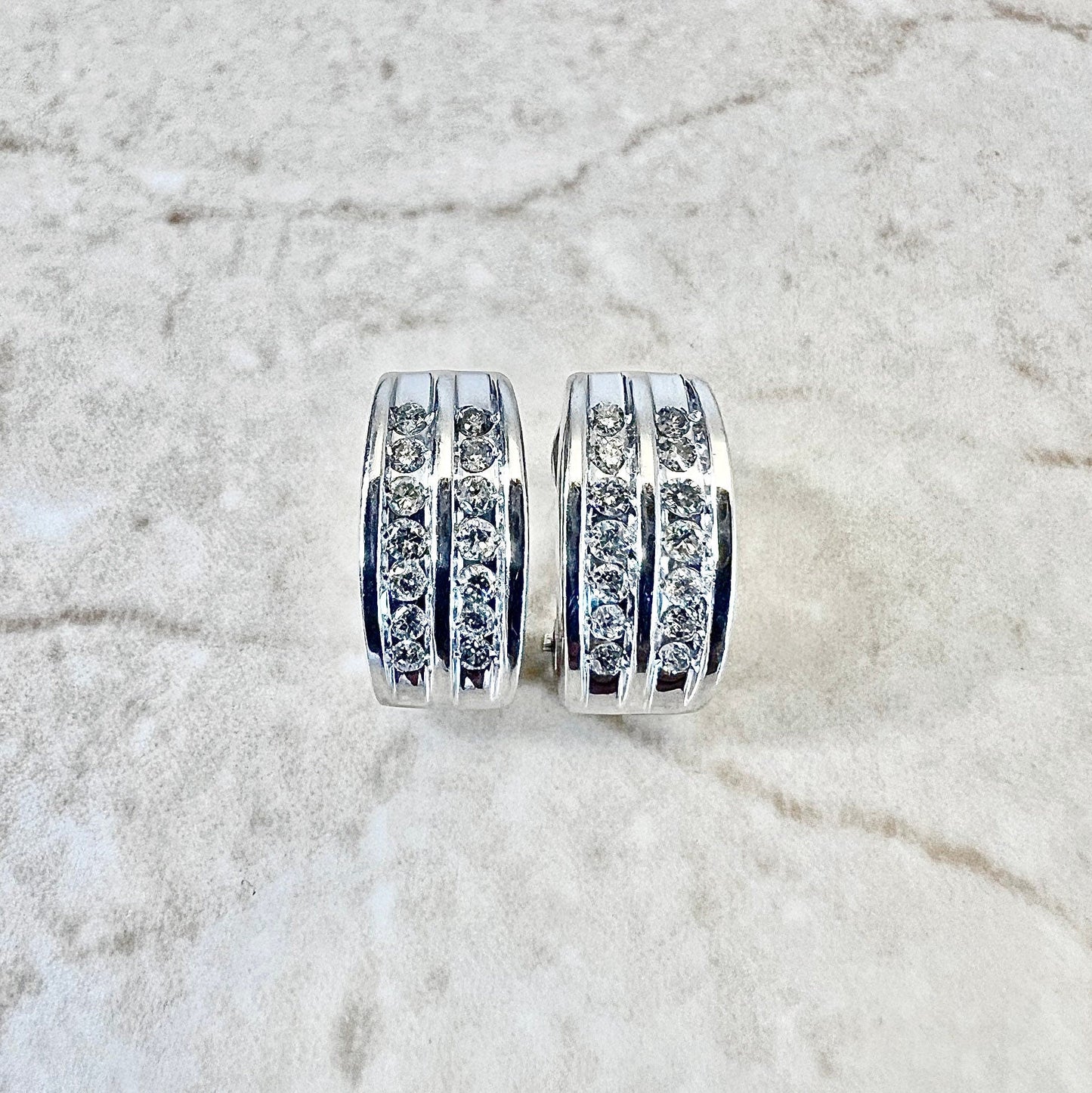 14K Diamond Huggie Earrings - 2 Row White Gold Diamond Earrings - Earclip Earrings - Birthday Gift - Best Gift For Her - Wedding Earrings