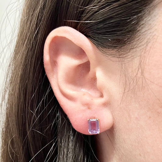 14 Karat Yellow Gold 3 Carats Emerald Cut Amethyst Stud Earrings - WeilJewelry