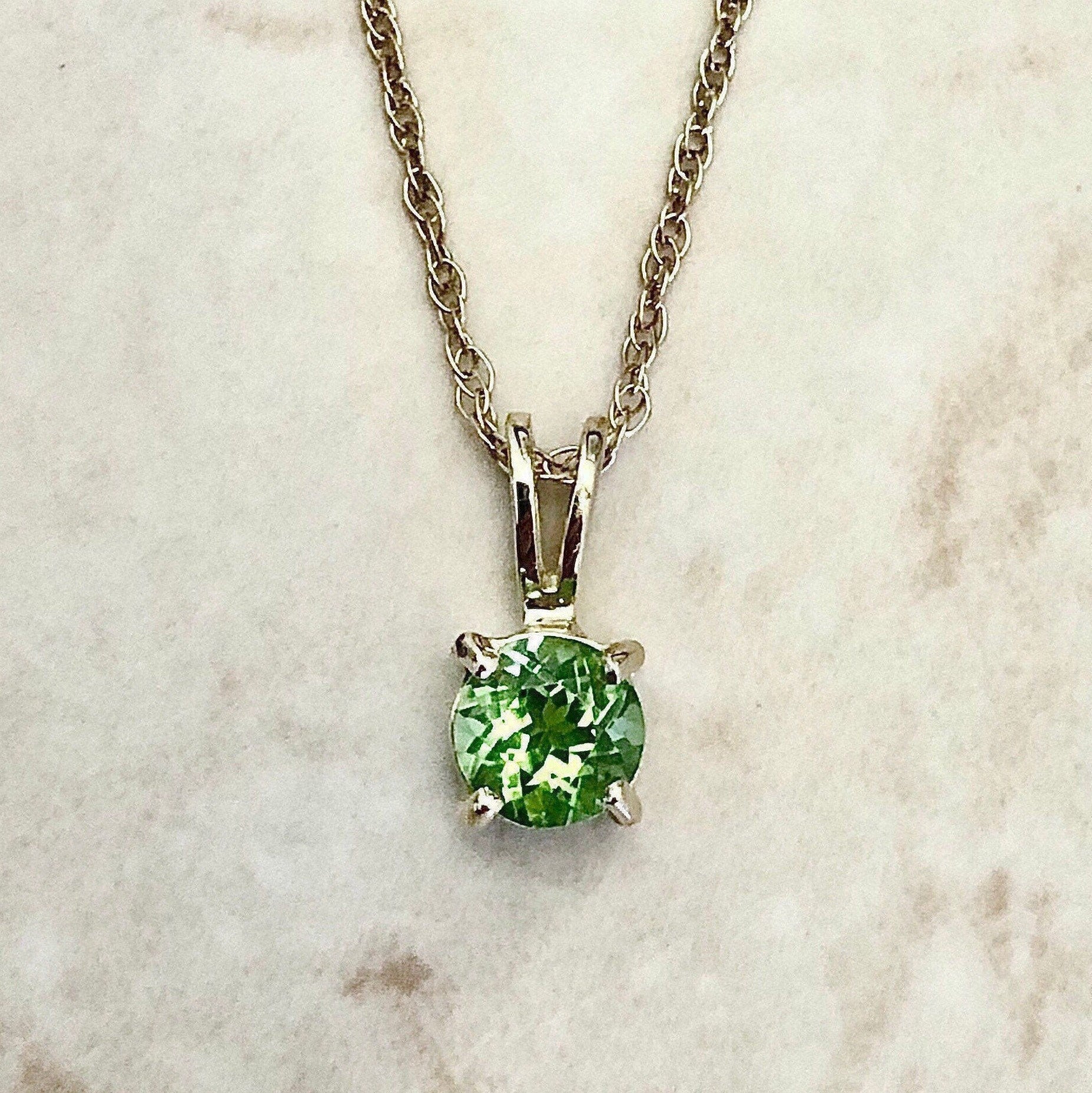Genuine Green Peridot Necklace Set in 14K Solid Gold Peridot / White Gold