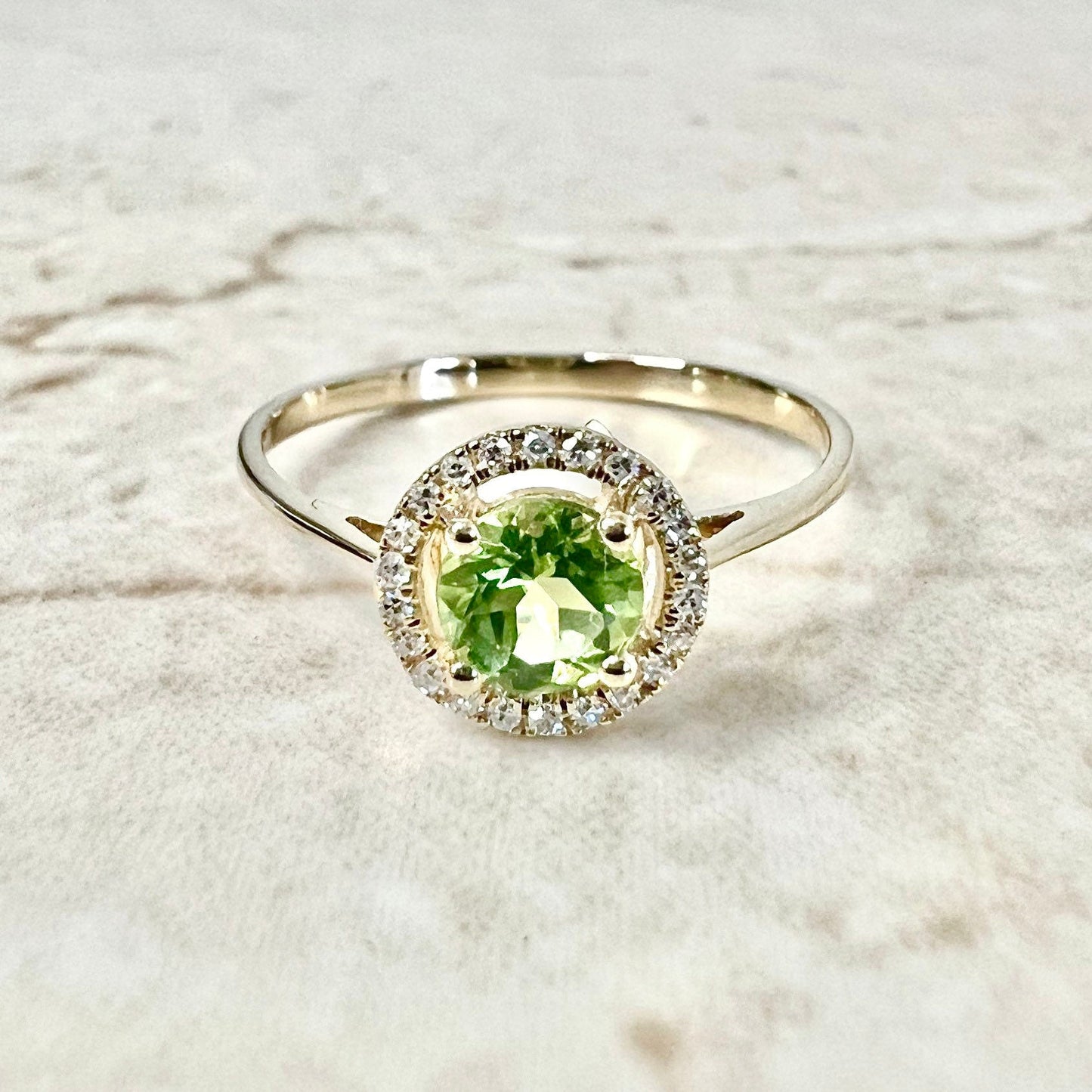 14 Karat Yellow Gold August Birthstone Round Peridot & Diamond Halo Ring - WeilJewelry