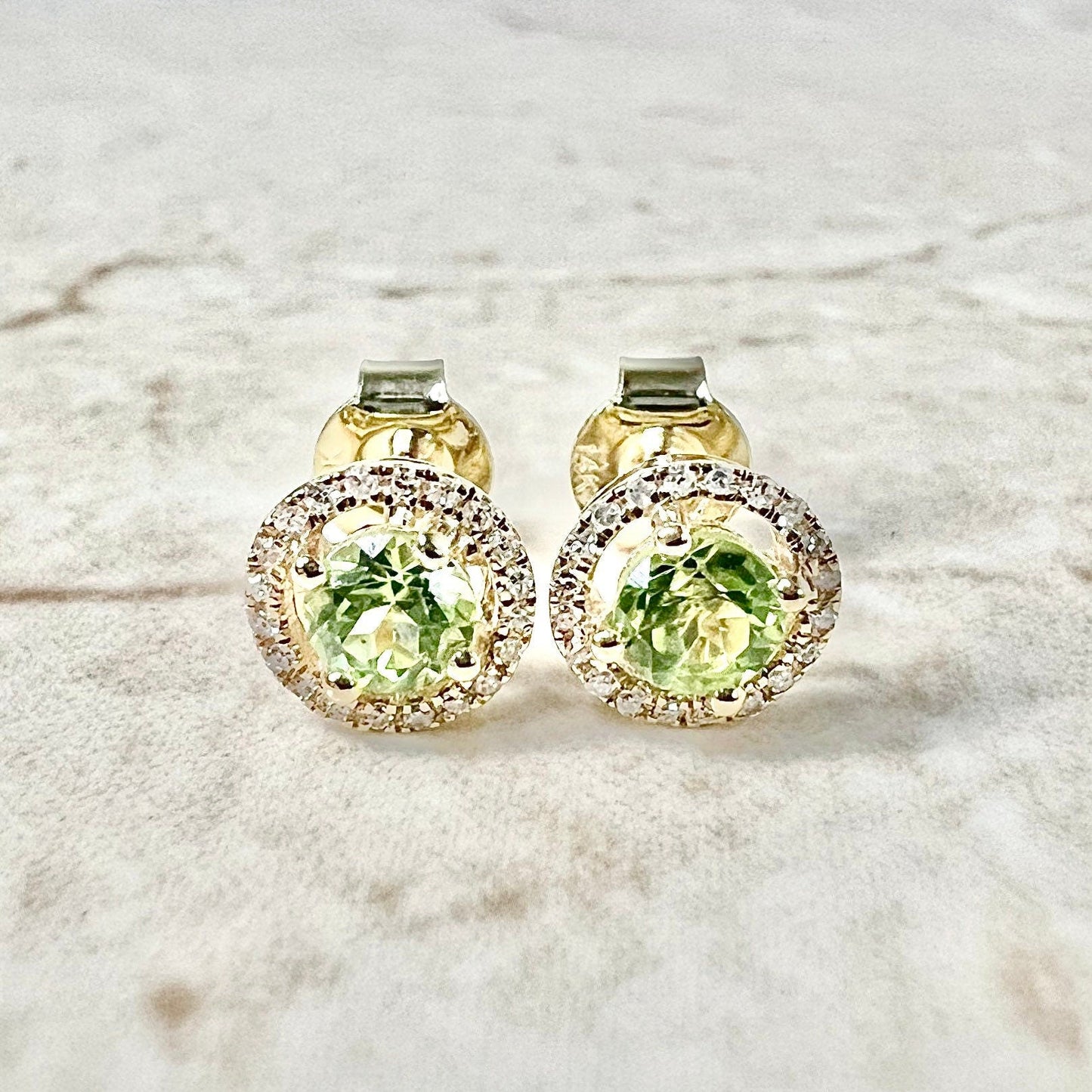 14 Karat Yellow Gold August Birthstone Round Peridot & Diamond Halo Stud Earrings - WeilJewelry