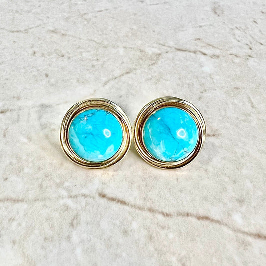 14 Karat Yellow Gold Bezel Turquoise Stud Earrings - WeilJewelry
