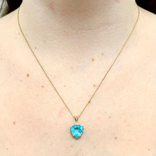 14 Karat Yellow Gold Blue Topaz & Diamond Heart Pendant - WeilJewelry
