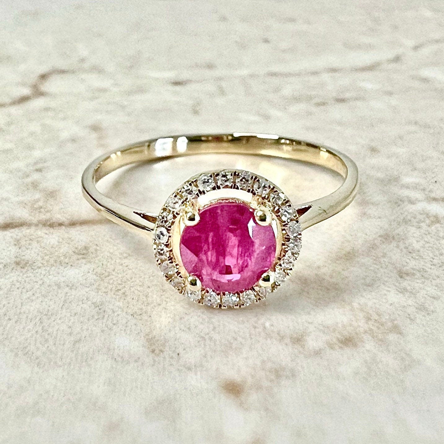 14 Karat Yellow Gold July Birthstone Round Ruby & Diamond Halo Ring - WeilJewelry