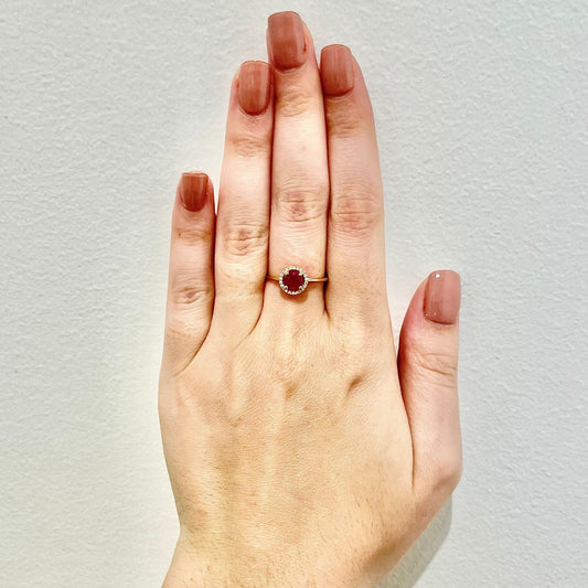 14 Karat Yellow Gold July Birthstone Round Ruby & Diamond Halo Ring - WeilJewelry