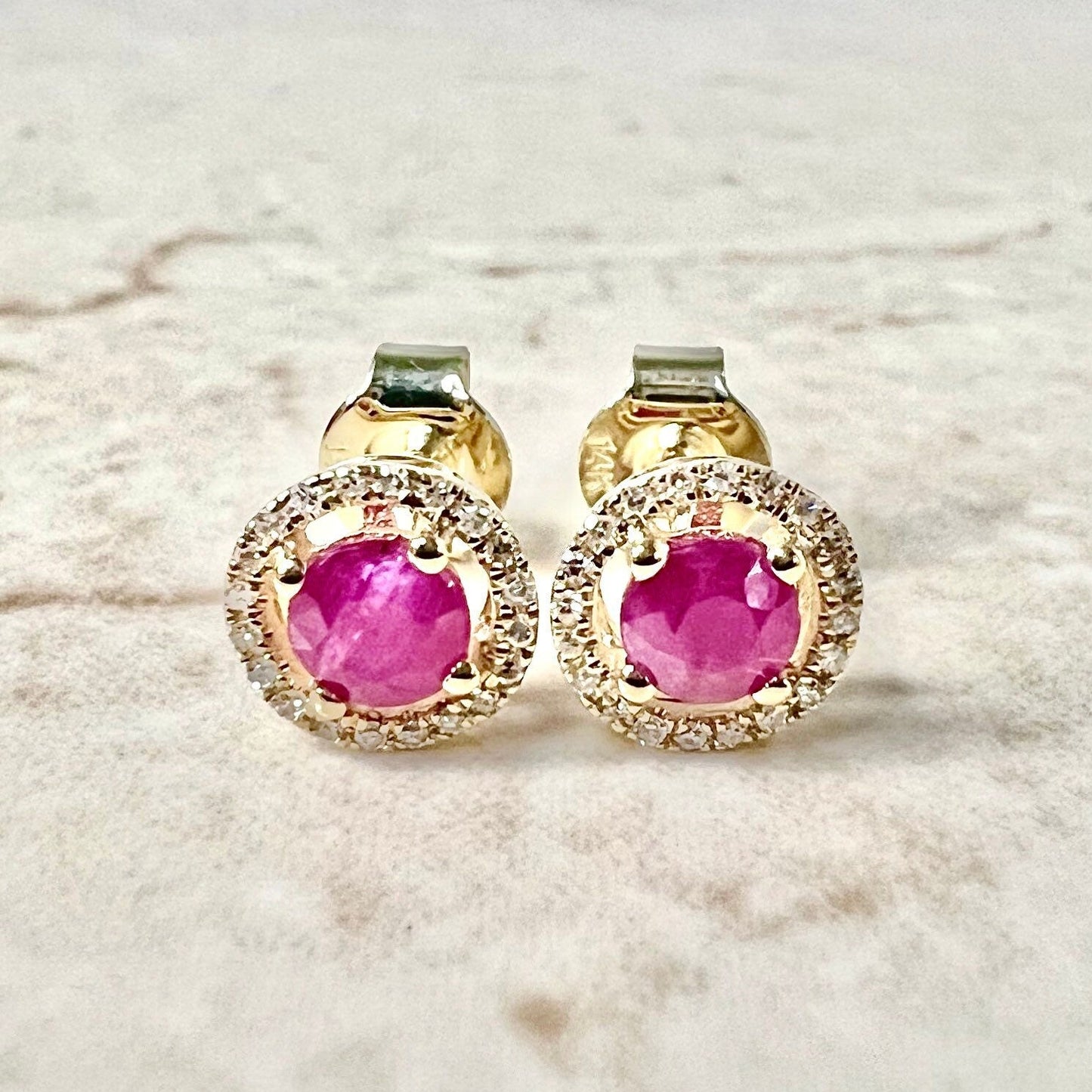14 Karat Yellow Gold July Birthstone Round Ruby & Diamond Halo Stud Earrings - WeilJewelry