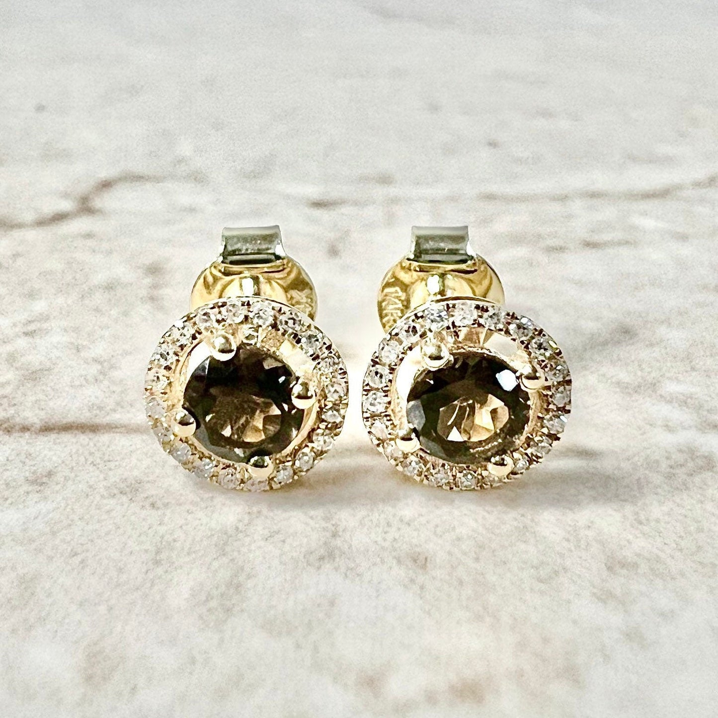 14 Karat Yellow Gold June Birthstone Round Smoky Quartz & Diamond Halo Stud Earrings - WeilJewelry