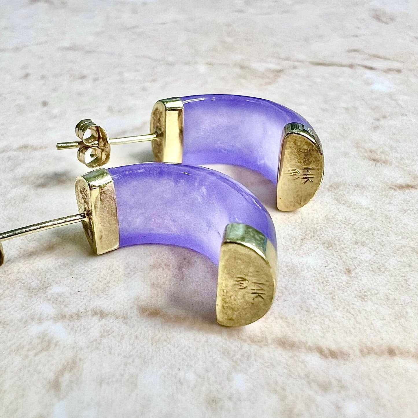 14 Karat Yellow Gold & Lavender Jadeite Hoop Earrings - WeilJewelry