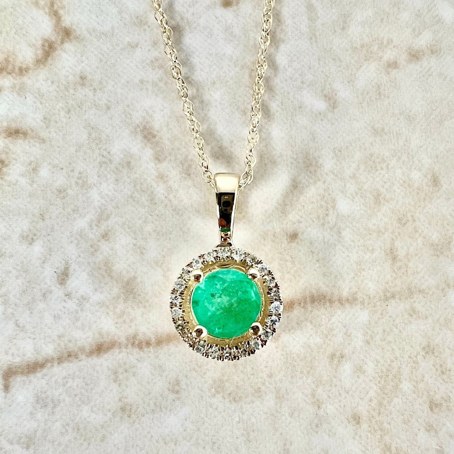 14K Round Emerald Halo Pendant Necklace - Yellow Gold Emerald Necklace - Emerald Halo Necklace - Natural Emerald Pendant-May Birthstone Gift