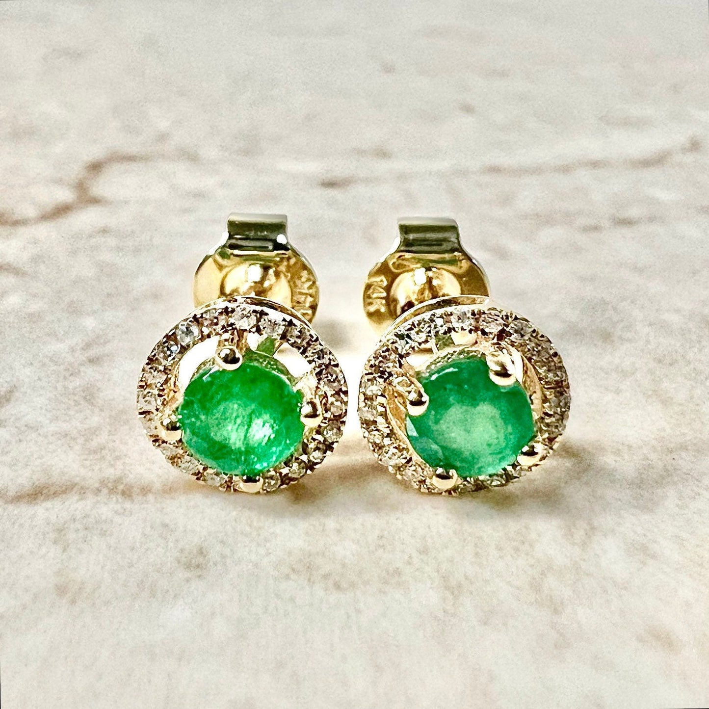 14K Round Emerald Halo Stud Earrings - Yellow Gold Emerald Studs - Gold Emerald Earrings - Genuine Emerald Halo Earrings-May Birthstone Gift