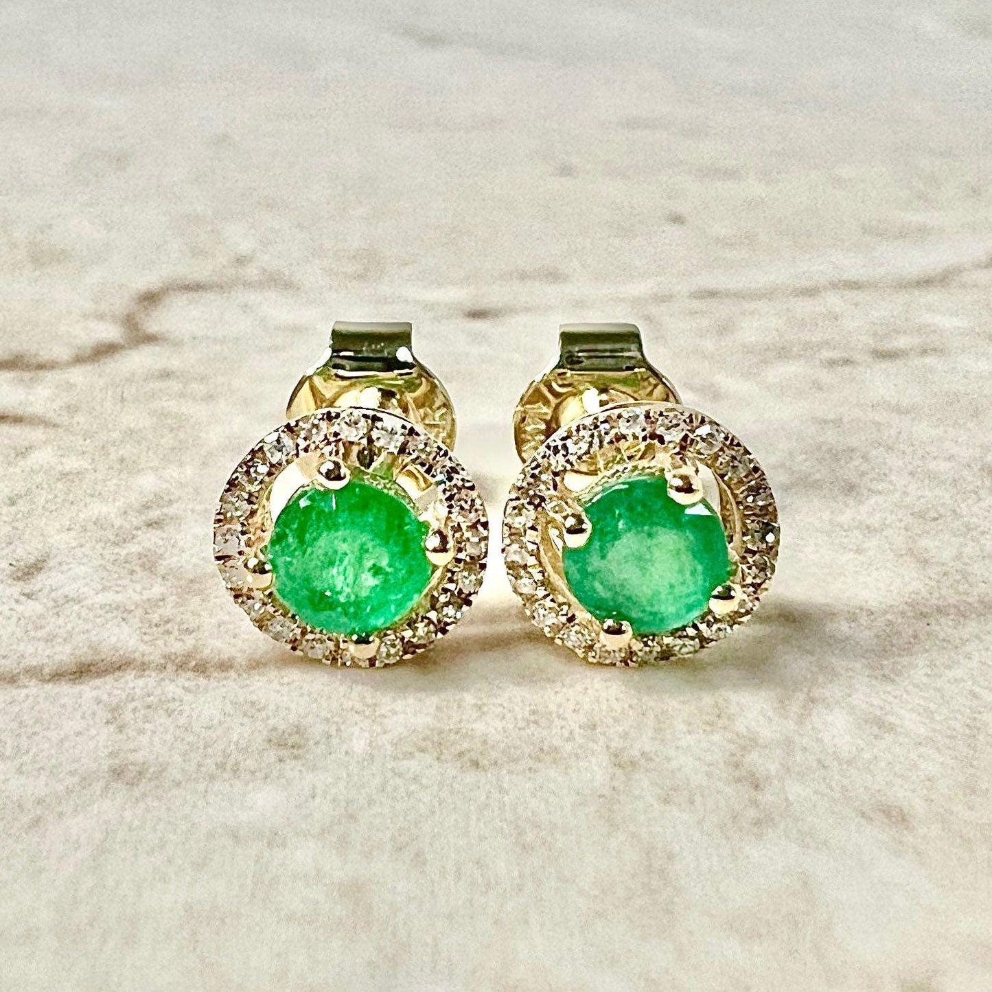 14K Round Emerald Halo Stud Earrings - Yellow Gold Emerald Studs - Gold Emerald Earrings - Genuine Emerald Halo Earrings-May Birthstone Gift