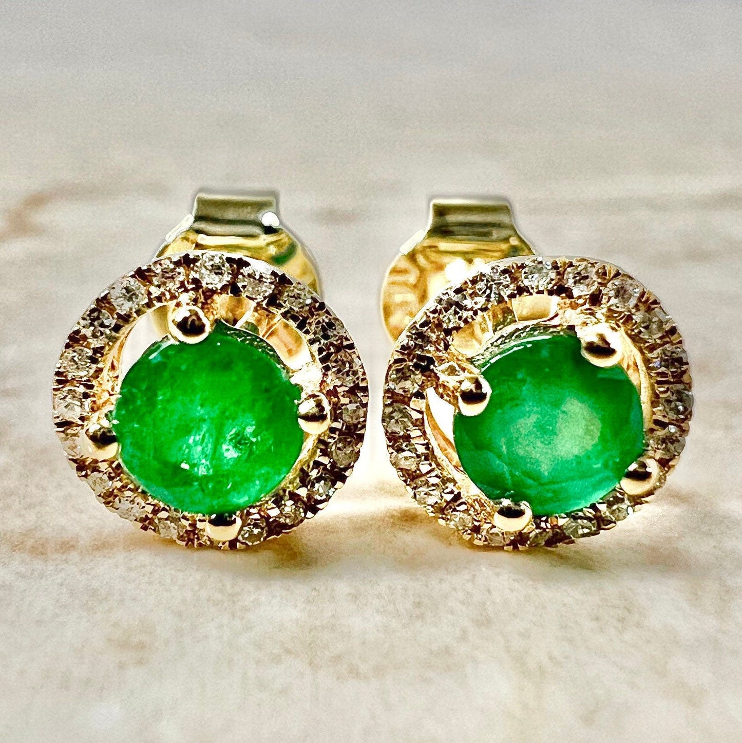 14K Round Emerald Halo Stud Earrings - Yellow Gold Emerald Studs - Gold Emerald Earrings - Genuine Emerald Halo Earrings-May Birthstone Gift