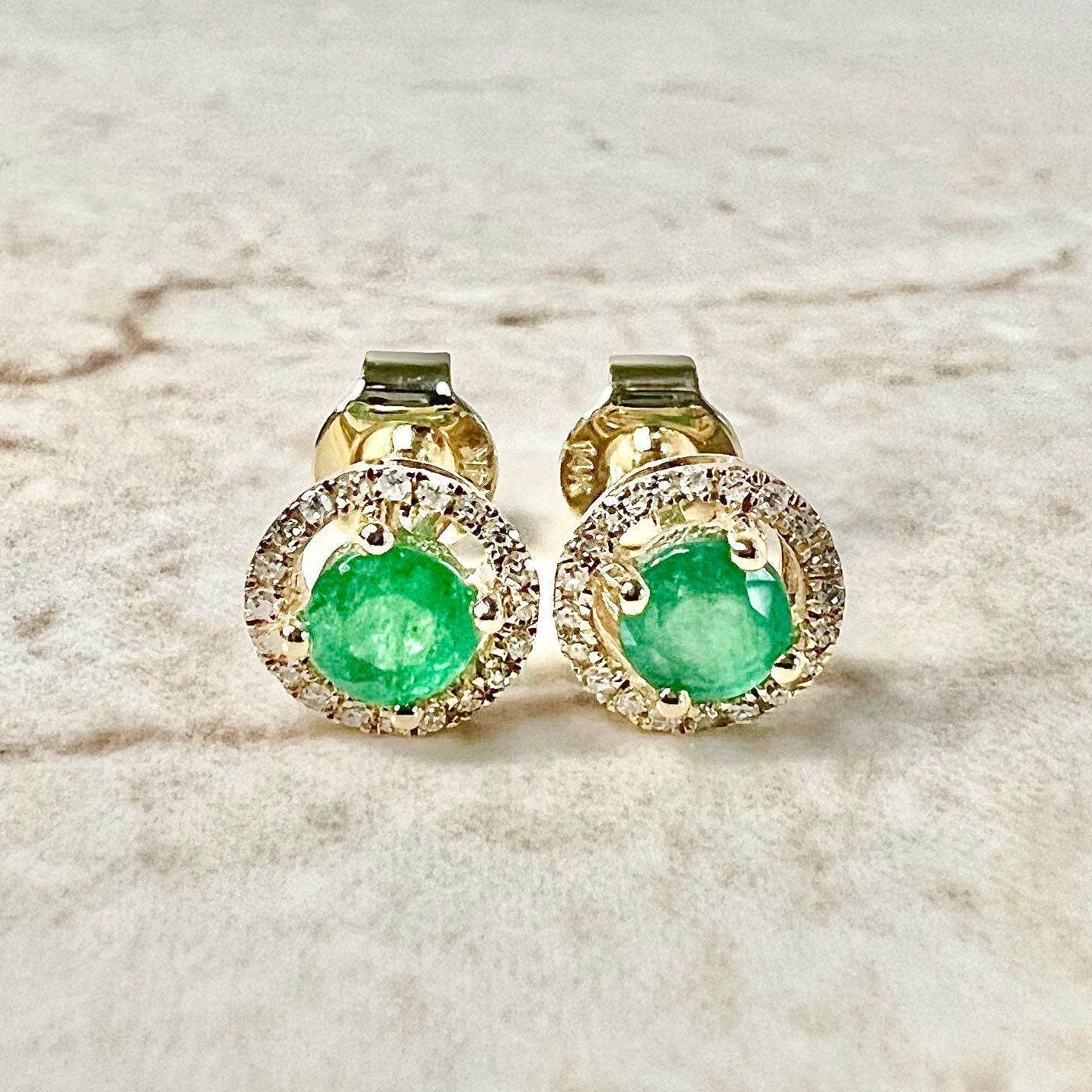 14 Karat Yellow Gold May Birthstone Round Emerald & Diamond Halo Stud Earrings - WeilJewelry