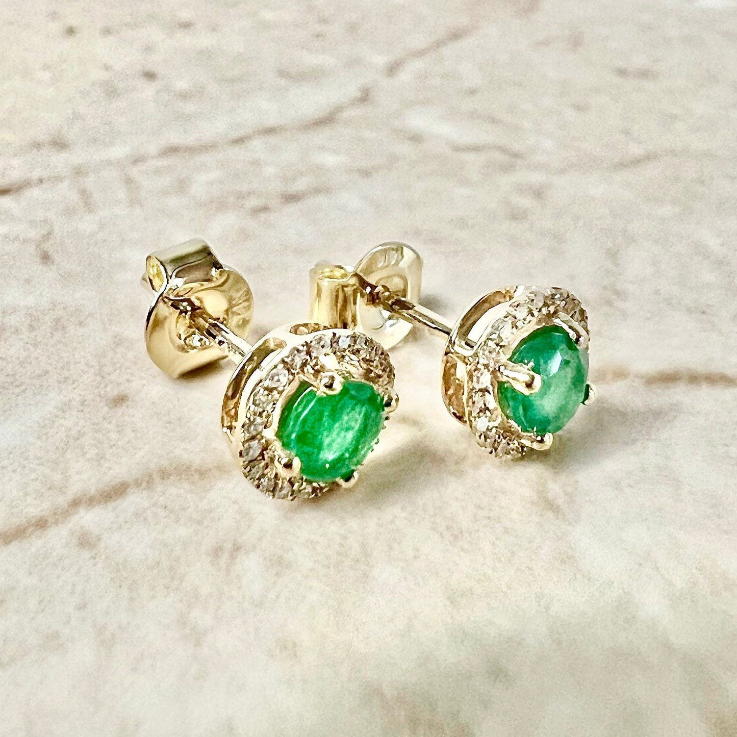 14K Round Emerald Halo Stud Earrings - Yellow Gold Emerald Studs - Gold Emerald Earrings - Genuine Emerald Halo Earrings-May Birthstone Gift