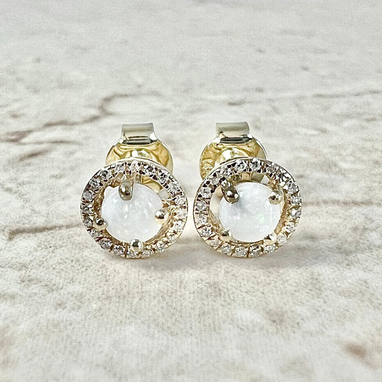 14 Karat Yellow Gold October Birthstone Round Opal & Diamond Halo Stud Earrings - WeilJewelry