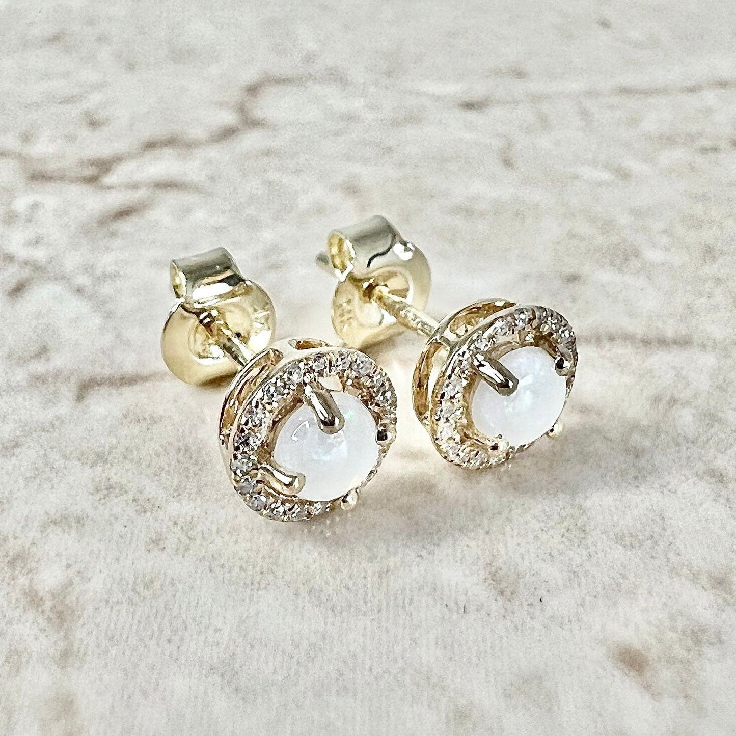 14K Round Opal Halo Stud Earrings - Yellow Gold Opal Studs - Gold Opal Earrings - Genuine Opal Halo Earrings-October Birthstone Gift For Her